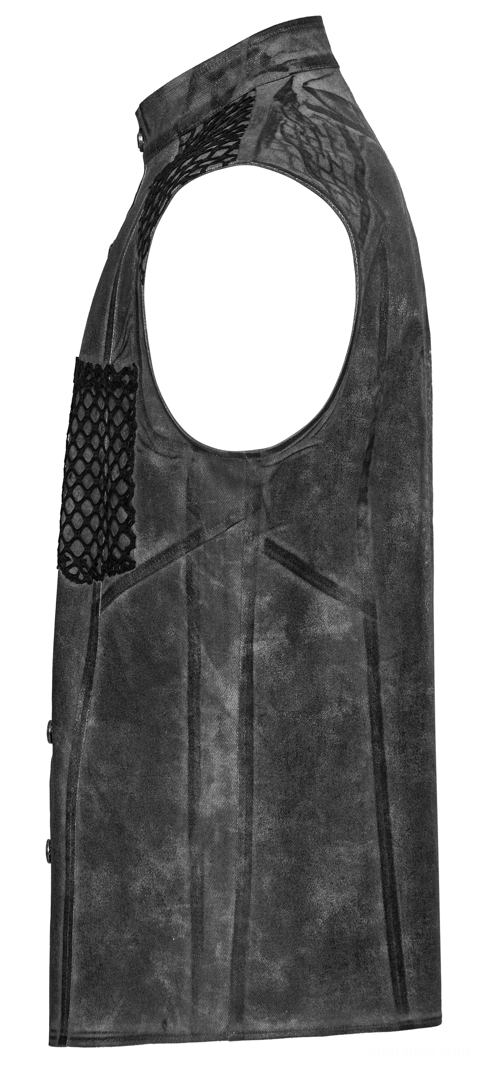 Gothic sleeveless tank side profile showing mesh pocket detail, sleeveless armhole construction, and distressed fabric treatment