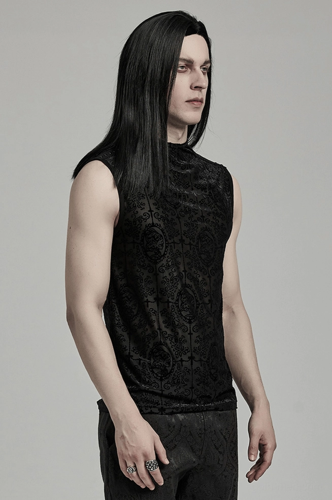 Male model wearing black gothic mesh tank side profile showing fitted silhouette and strap design