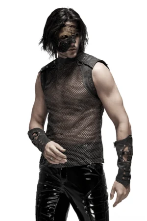Men's gothic mesh tank top with studded leather shoulder armor and metal zipper collar, worn by model with face mask in studio