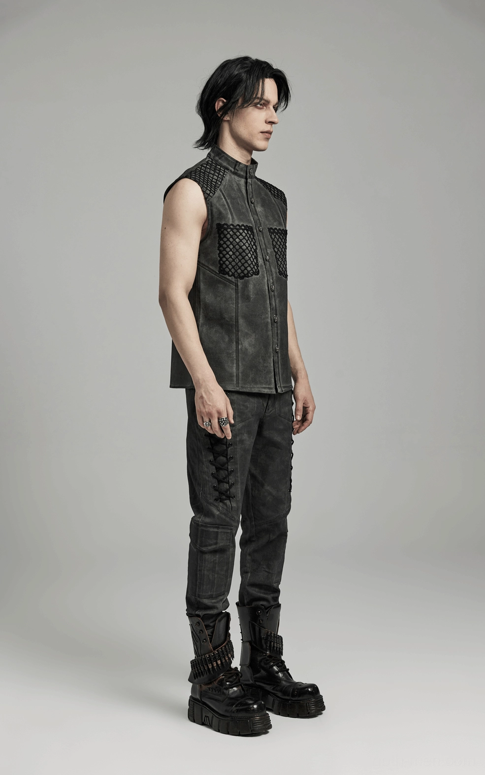 Gothic sleeveless mesh tank alternative styling, showing layering possibilities with dark alternative fashion aesthetic