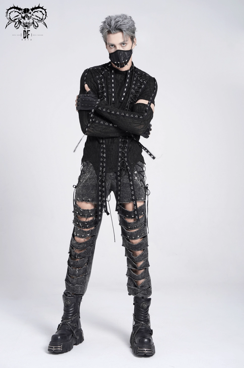 Black gothic mesh tank with architectural cutouts - texture and fabric detail view