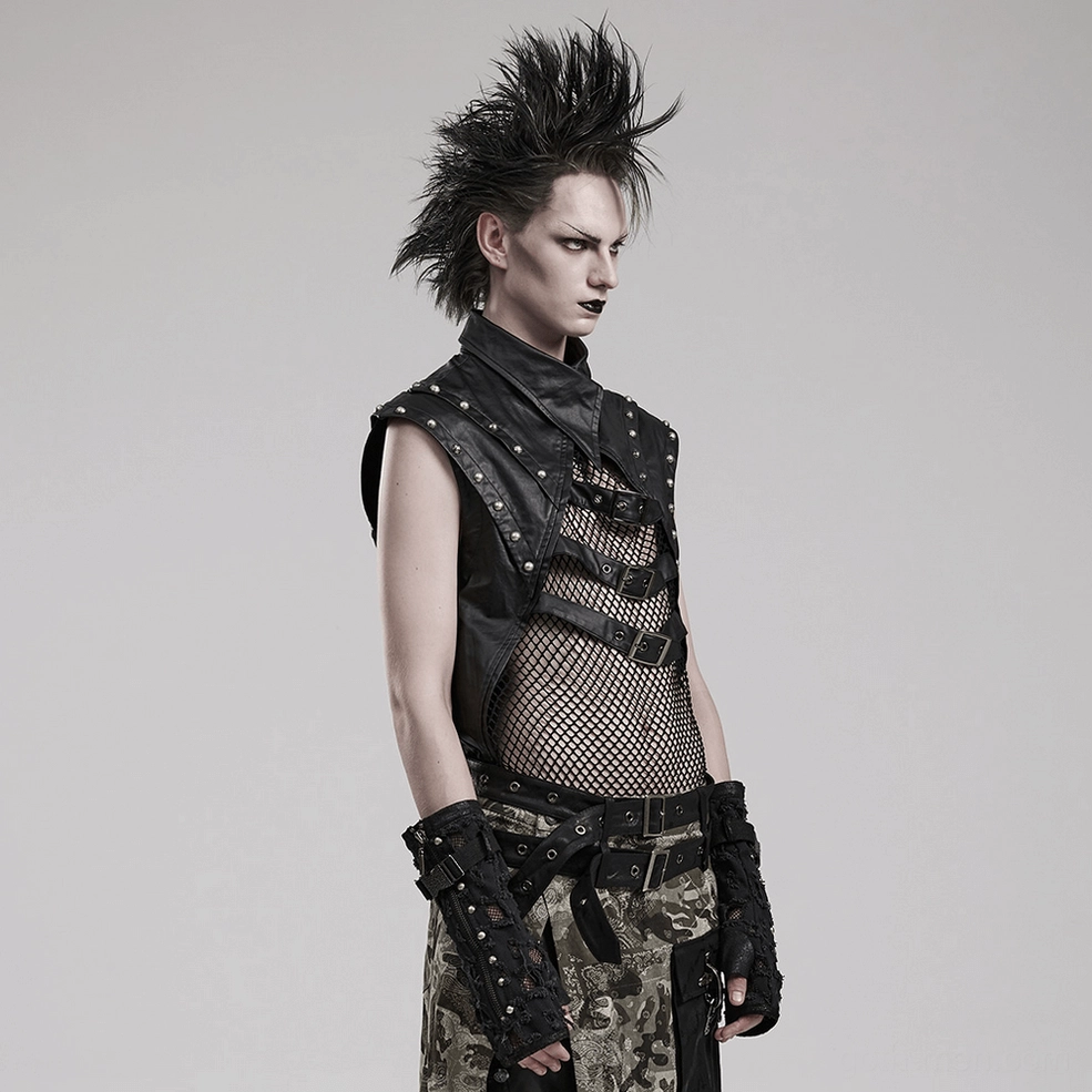 Black gothic mesh tank top with adjustable buckles - alternative fashion sleeveless garment