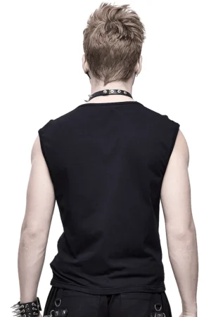 Gothic black mesh tank top back view on male model showing solid black construction and crew neck design
