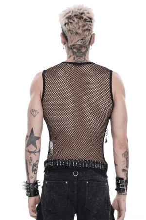 Black mesh tank top back view showing sheer mesh construction, studded waist belt, and side chain details