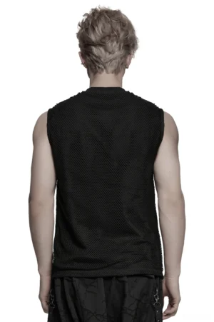 Black gothic mesh tank top rear view showing tattered mesh design and simple crew neckline on male model