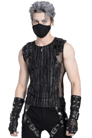 Male model wearing industrial mesh gothic tank top with half-zip front and buckle straps, front view studio photography