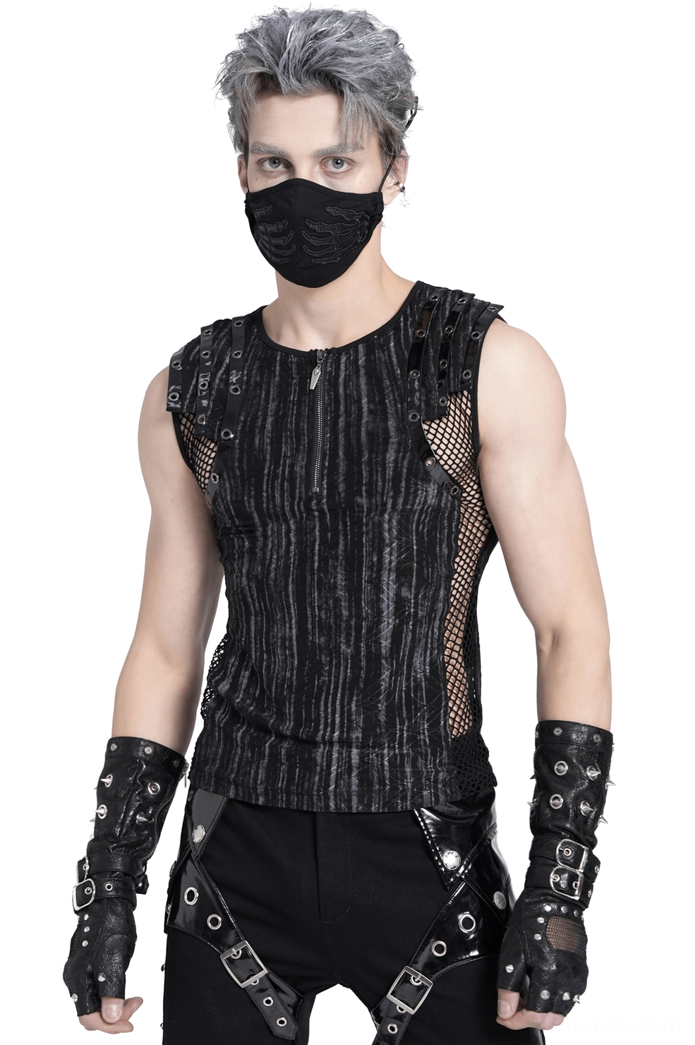 Male model wearing industrial mesh gothic tank top with half-zip front and buckle straps, front view studio photography