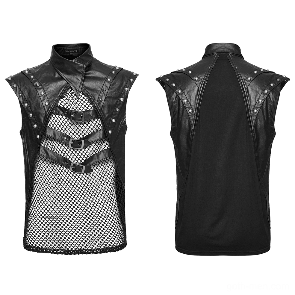 Gothic tank top front and back flat lay - mesh overlay with rivets and asymmetrical buckle collar