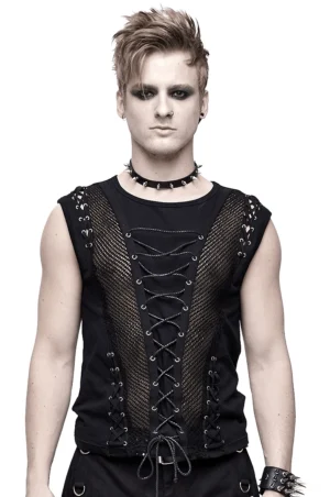 Gothic black mesh tank top worn by male model - front view featuring lace-up drawstring and mesh panels with punk accessories
