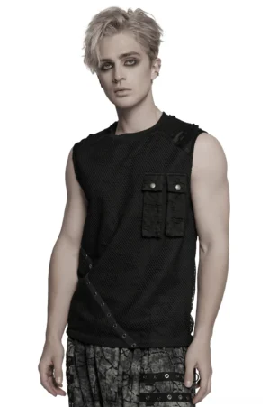 Black gothic mesh tank top front view featuring tattered fabric panels, dual cargo pockets, and metal eyelet trim on male model