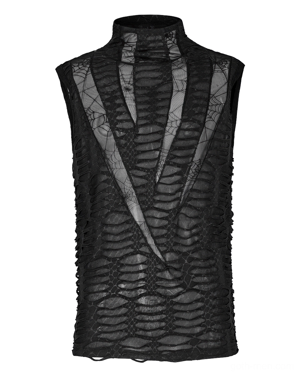 Men's gothic sleeveless mesh tank top front detail - sheer web pattern and high mock neckline