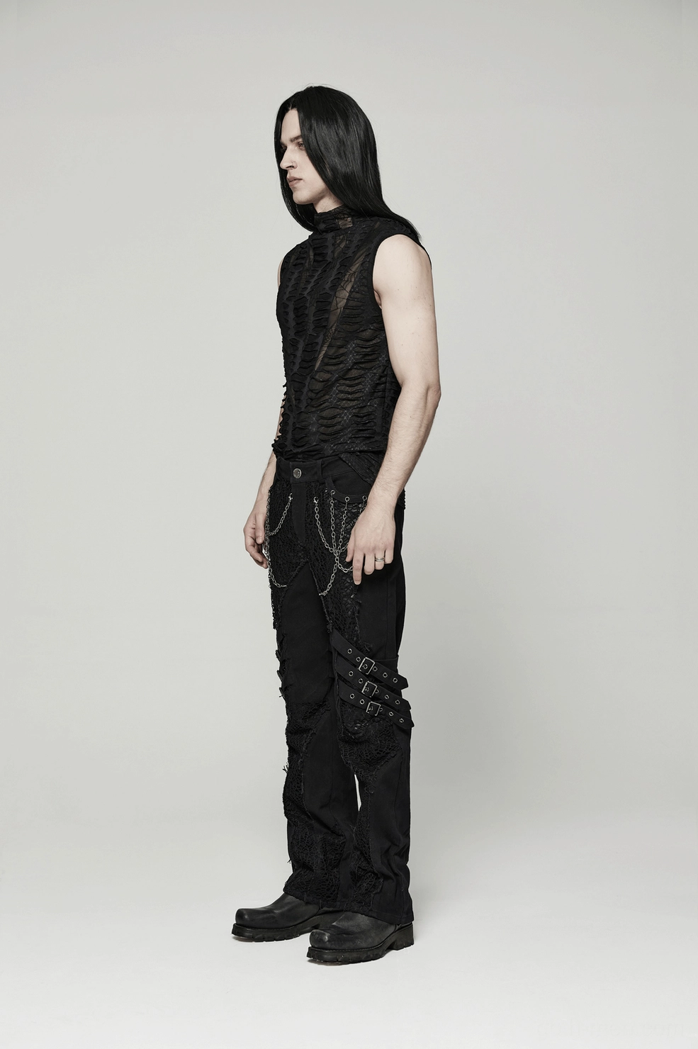 Gothic sleeveless mesh tank top men - slim-fit silhouette with high mock neck collar