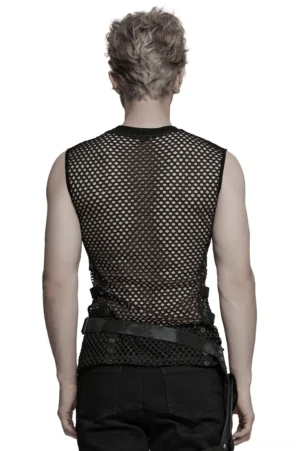 Black cyberpunk mesh vest rear view showing full back transparency and tactical styling