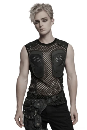 Men's gothic mesh tank top with faux leather chest panels and metal studs, front view on male model