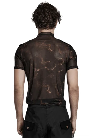 Abstract marbled print gothic mesh tee back view on model