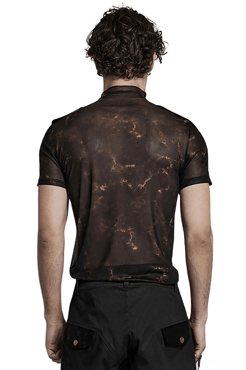 Abstract marbled print gothic mesh tee back view on model