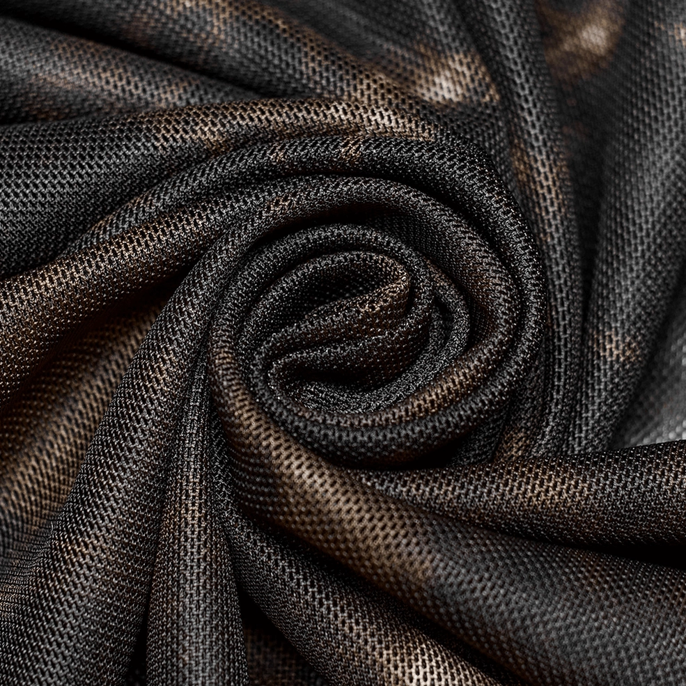 Stretchy knitted mesh fabric texture marbled dark brown and black