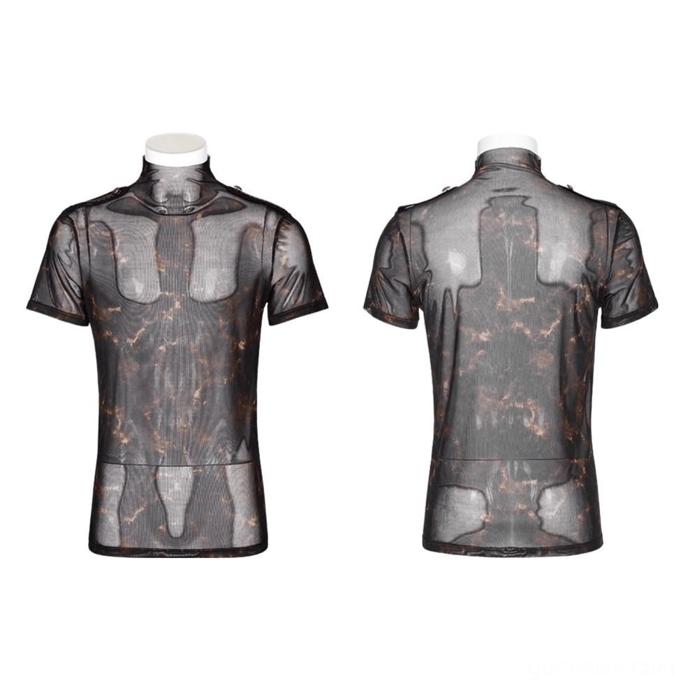 Sheer mesh tee with brown-black marbled pattern on dress form front view