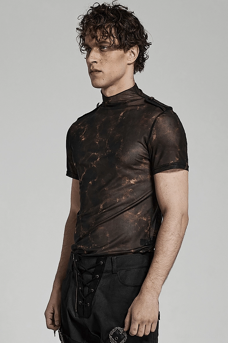 Full length view of abstract print gothic mesh tee on model