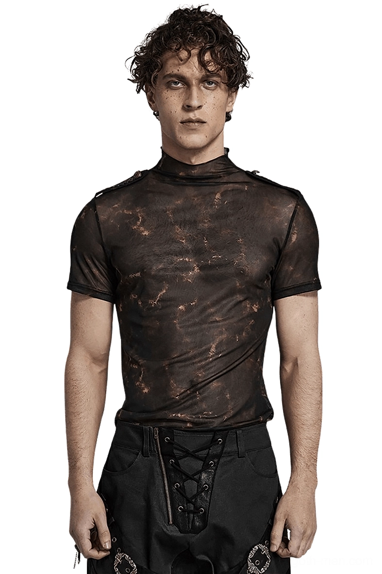Gothic mesh print tee with 3D lace shoulders front view worn by male model