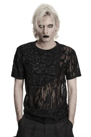 Black mesh lace-up gothic T-shirt front view on model with platinum blonde hair, showing asymmetric shoulder strapping and sheer tattered panels