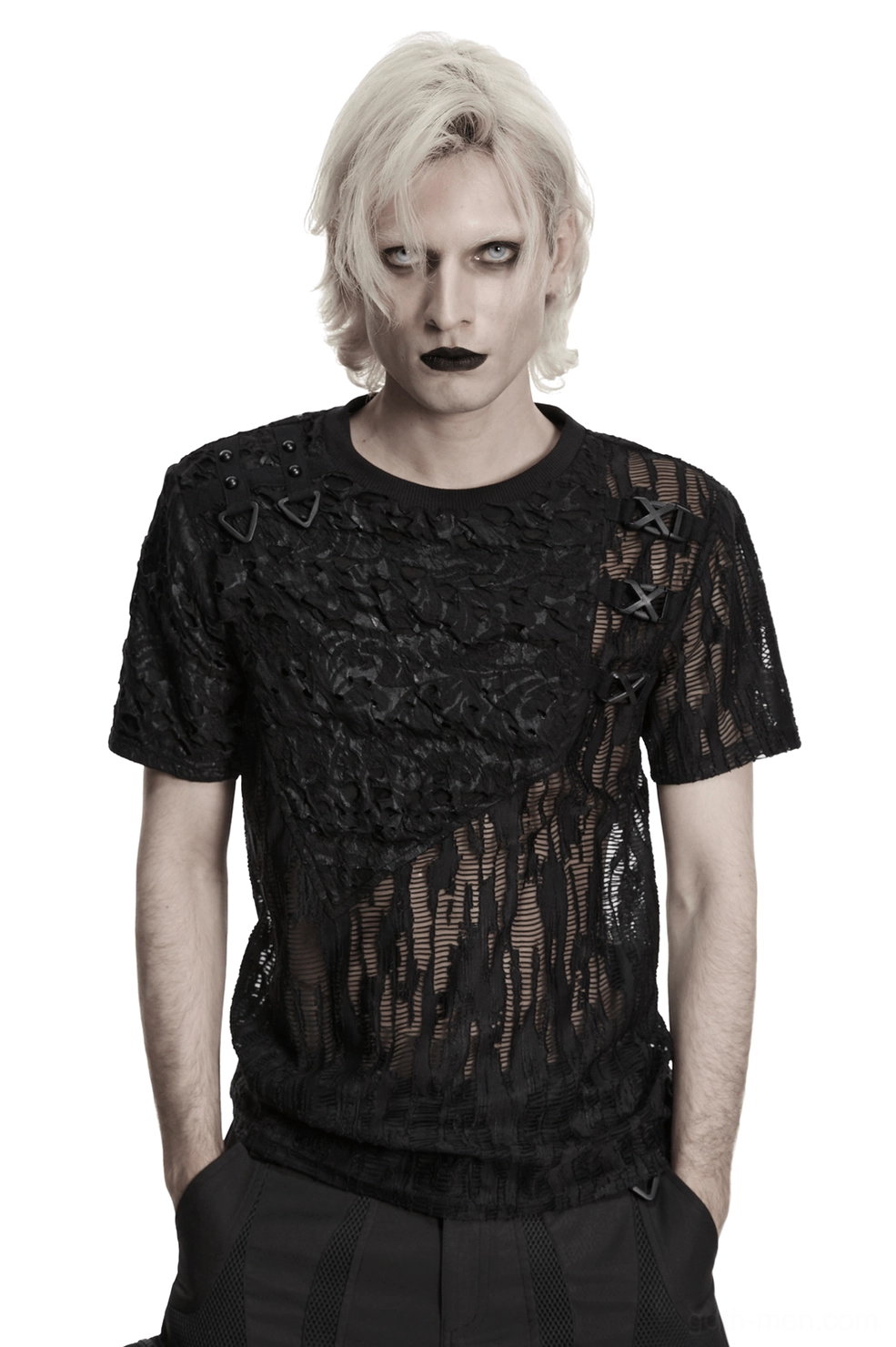 Black mesh lace-up gothic T-shirt front view on model with platinum blonde hair, showing asymmetric shoulder strapping and sheer tattered panels