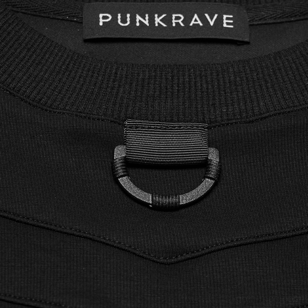 Neckline detail of tactical gothic mesh t-shirt featuring ribbed crew neck construction and front D-ring ornament hardware
