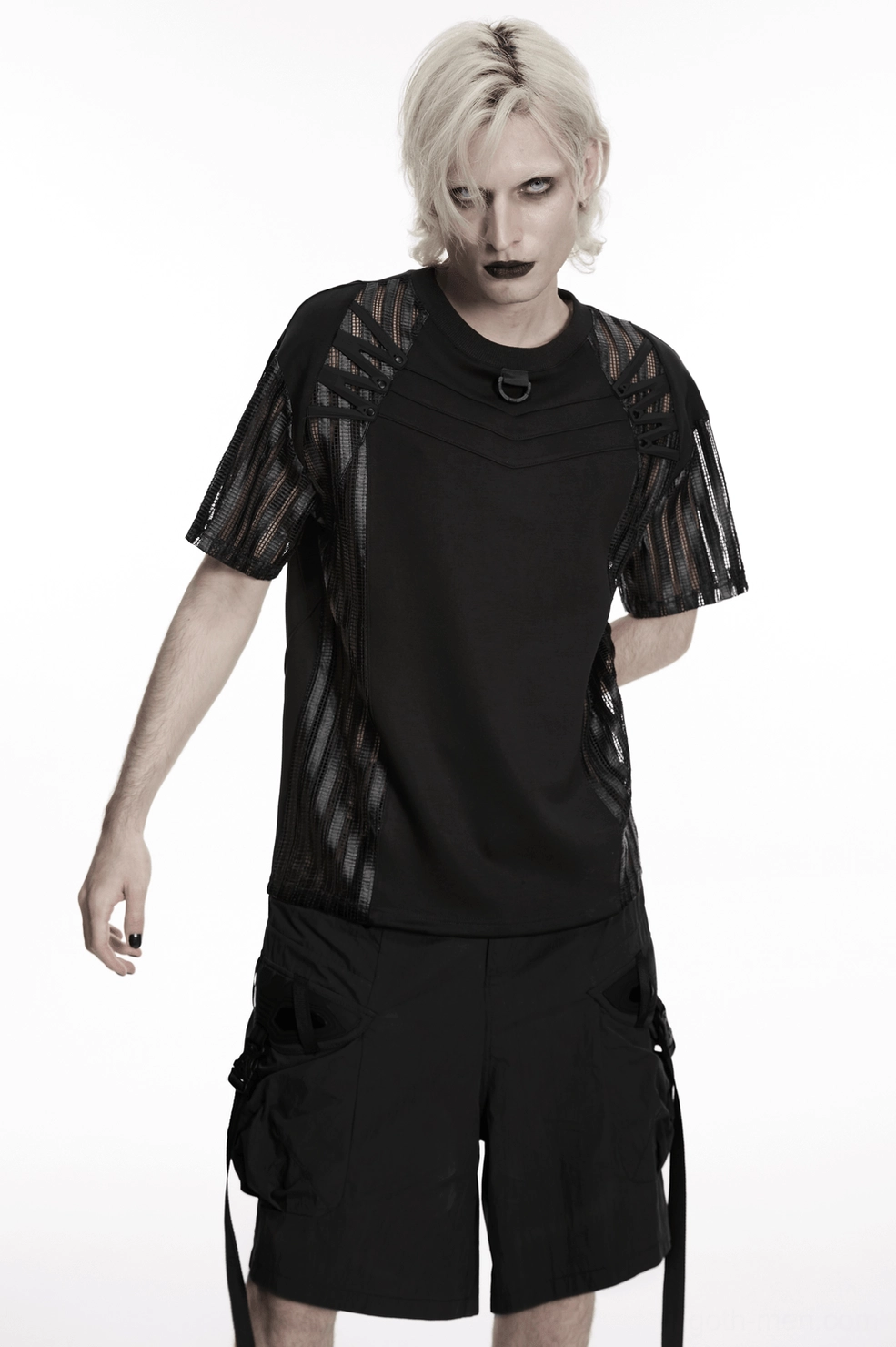Mesh sleeve detail of gothic tactical t-shirt showing striped mesh paneling and cage construction with asymmetric design