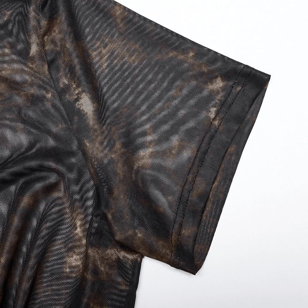 Close-up of rolled mesh cuff sleeve detail on gothic tee