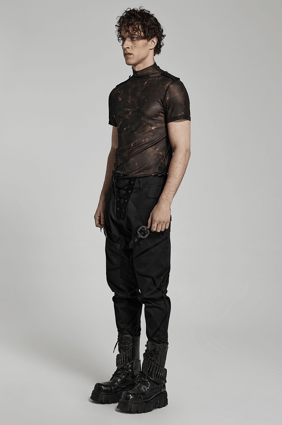 Styled gothic mesh tee layering with alternative fashion aesthetic