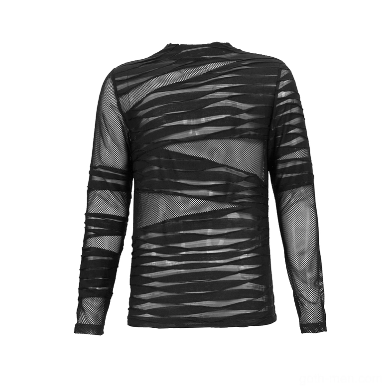 Flat lay of black gothic mesh top showing asymmetric striped overlay detail on sheer back fabric