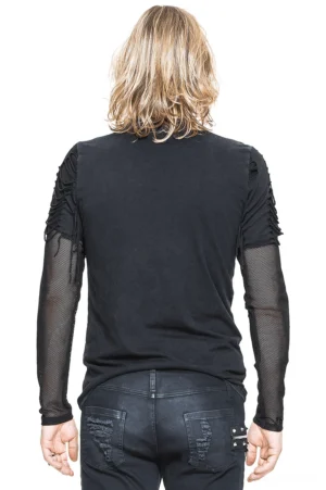Back view of black gothic punk ripped mesh top displaying solid back panel and raw cut mesh long sleeves on model wearing distressed black jeans