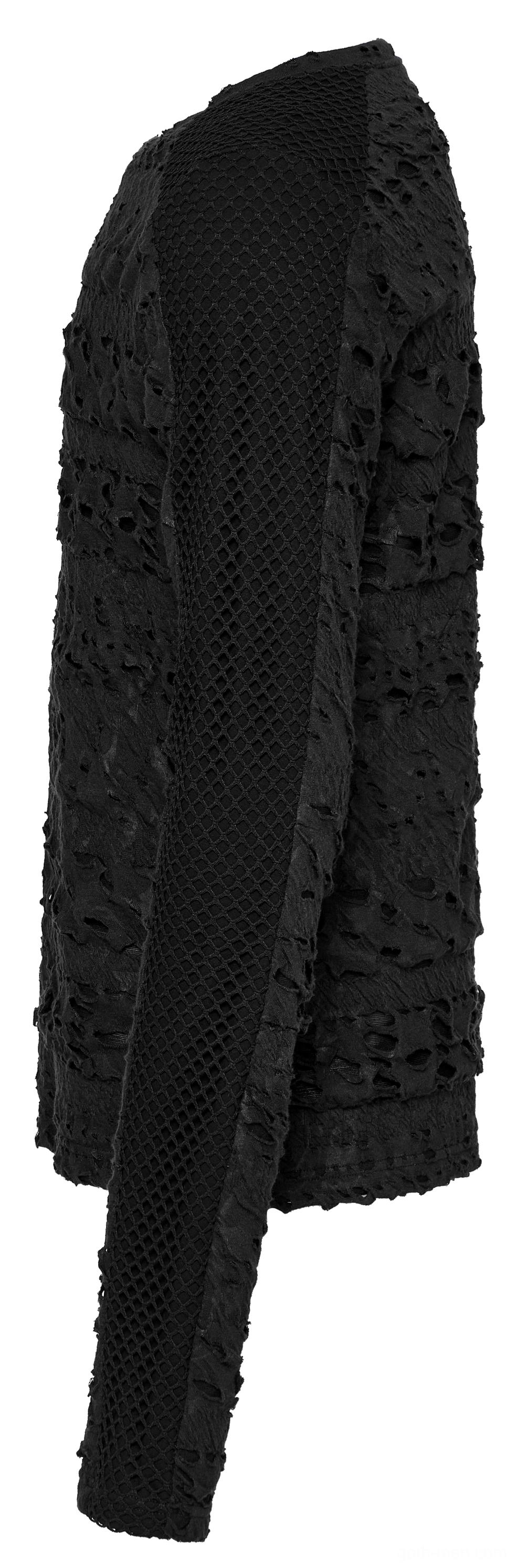 Men's gothic mesh long sleeve top side view showing fitted silhouette and transparent mesh panel construction