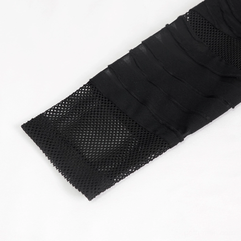 Side flat view showing black fabric stripe bonded to sheer mesh with neat seams on gothic top