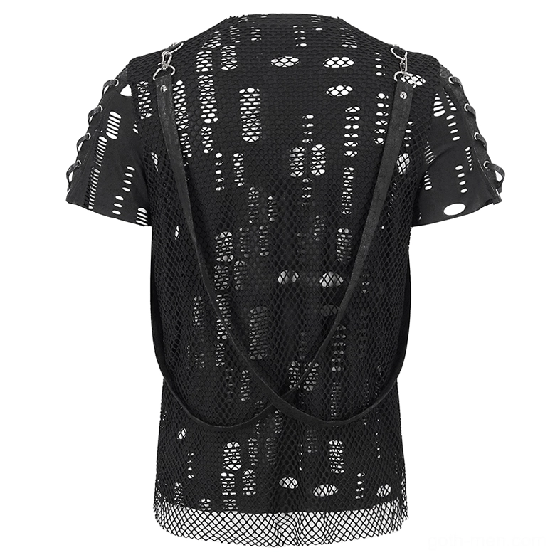 Black gothic mesh t-shirt rear flat lay on mannequin displaying back panel hollow mesh construction and architectural strap placement