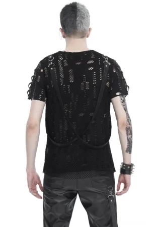 Black gothic mesh t-shirt rear view on model showing crisscross strap design and distressed mesh fabric back panel with metal hardware