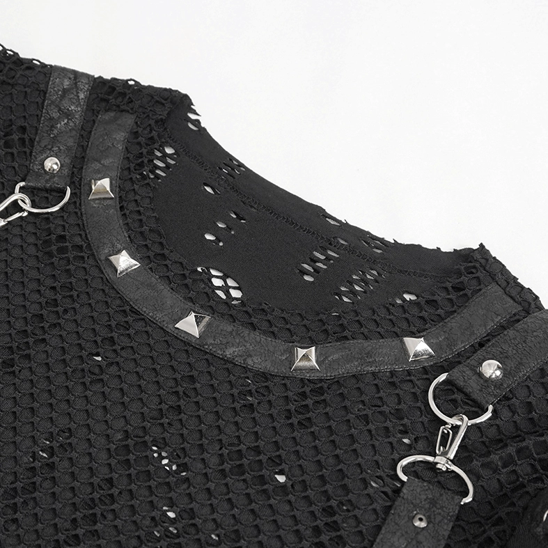 Close-up detail of gothic mesh t-shirt neckline featuring distressed hollow mesh fabric, pyramid metal studs, and faux leather strap with D-rings