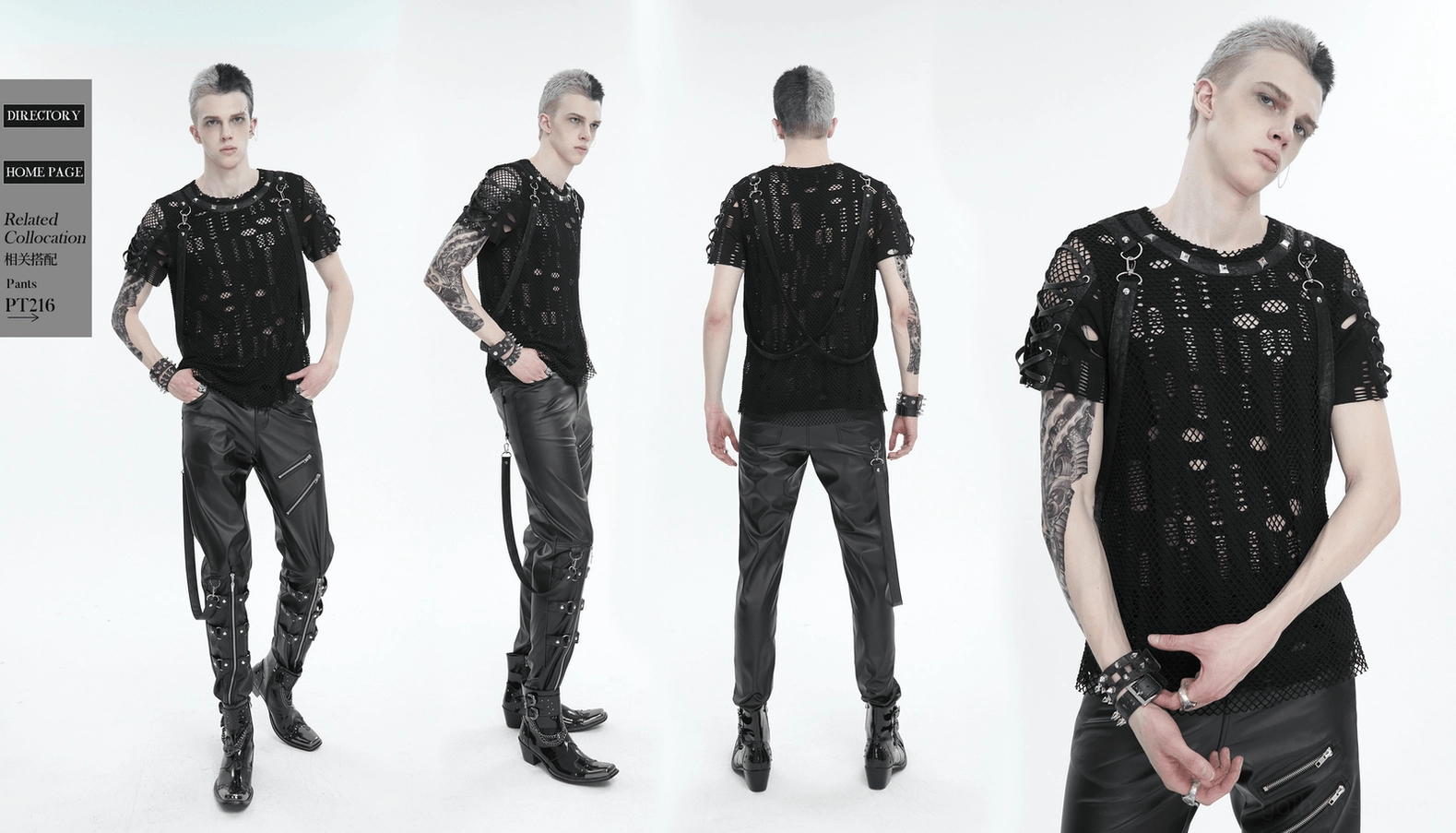 Black gothic mesh t-shirt worn by model featuring complete detachable straps system, lace-up sleeves, and alternative fashion styling options