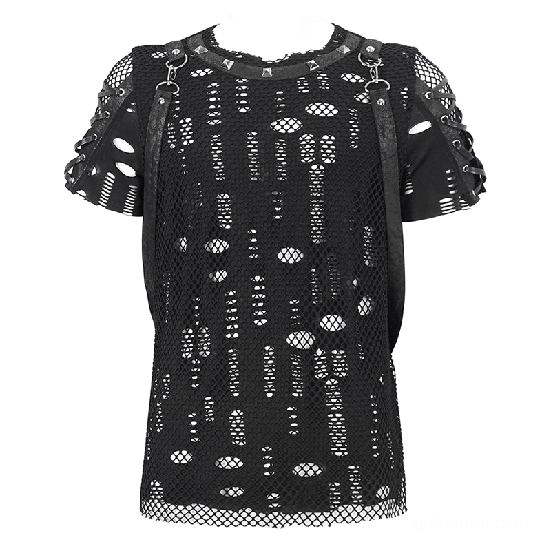 Black gothic mesh t-shirt front flat lay on mannequin displaying full silhouette, lace-up sleeve details, and metal eyelet fittings