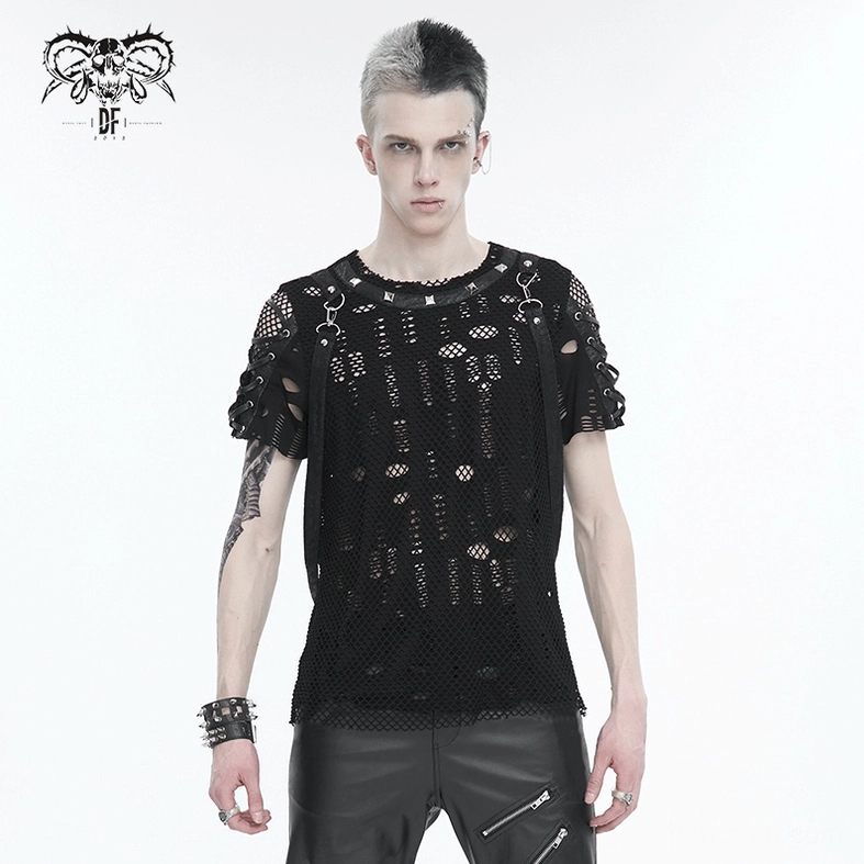 Black gothic mesh t-shirt front full view on tattooed male model wearing detachable cross-straps and lace-up sleeve detail in studio setting