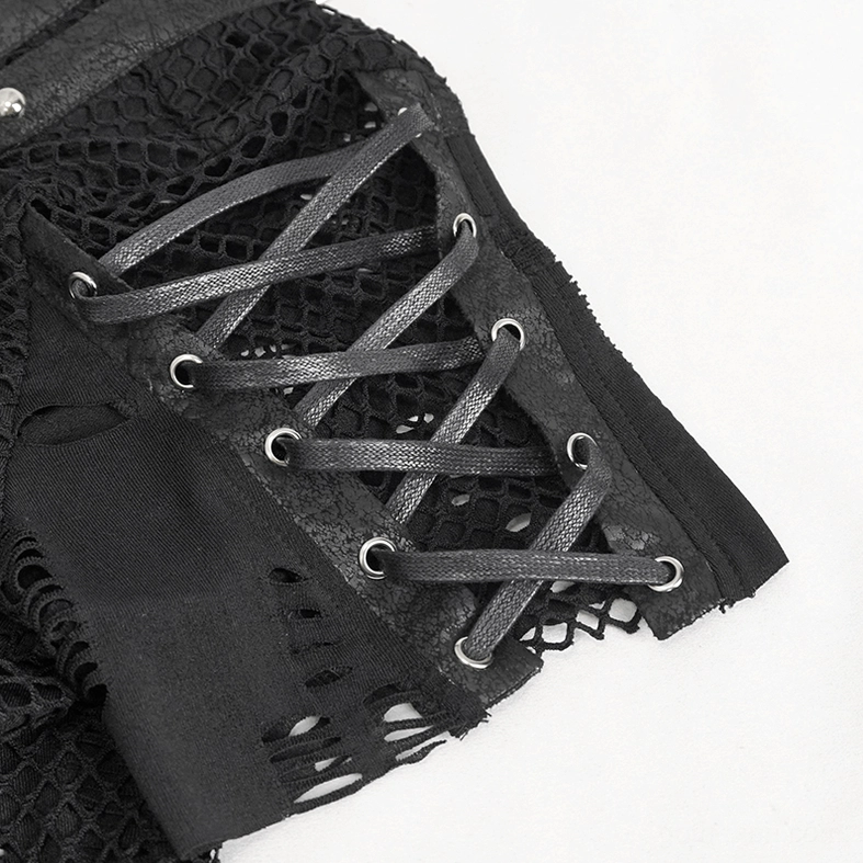 Close-up of lace-up sleeve showing distressed mesh fabric, metal eyelet fittings, and adjustable leather strap lacing system