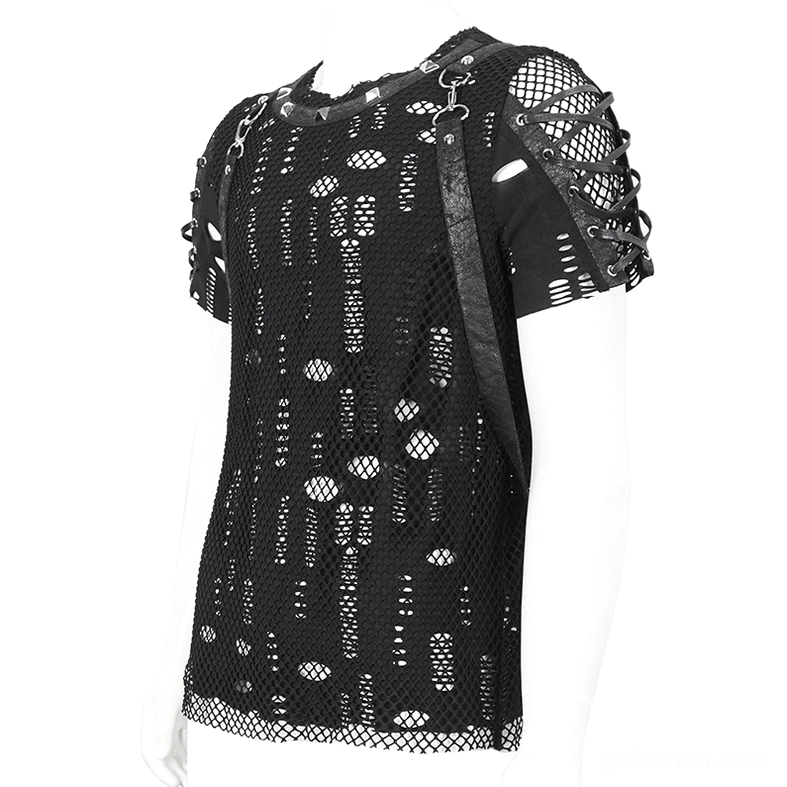 Gothic mesh t-shirt three-quarter flat view showing lace-up sleeve construction with metal eyelets and distressed mesh fabric texture