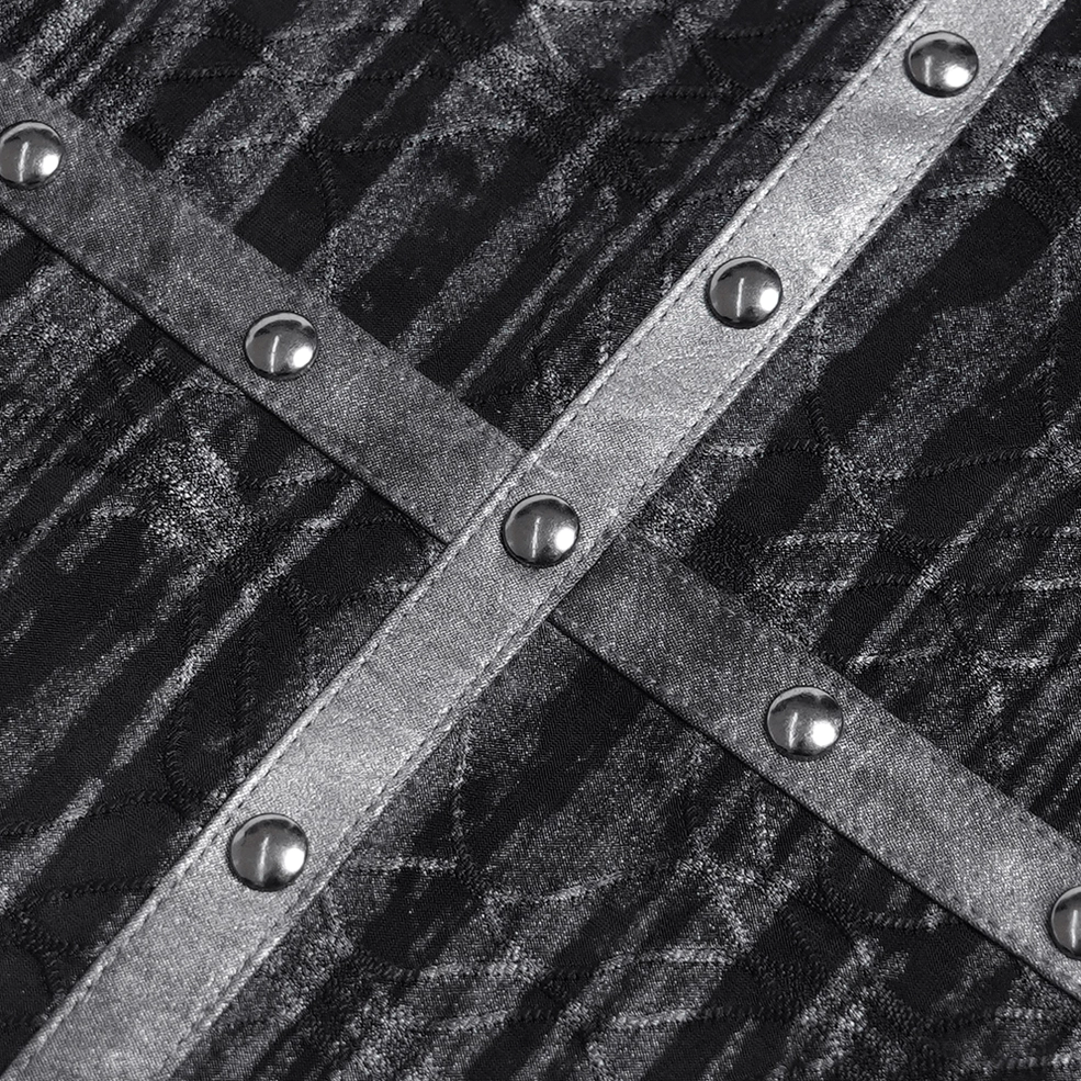 Gothic mesh t-shirt strap close-up showing silver rivets and cross leather harness
