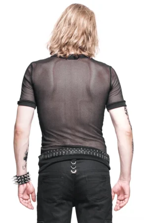 Back view of black mesh gothic t-shirt with spine-patterned mesh design, worn by tattooed model with studded leather belt