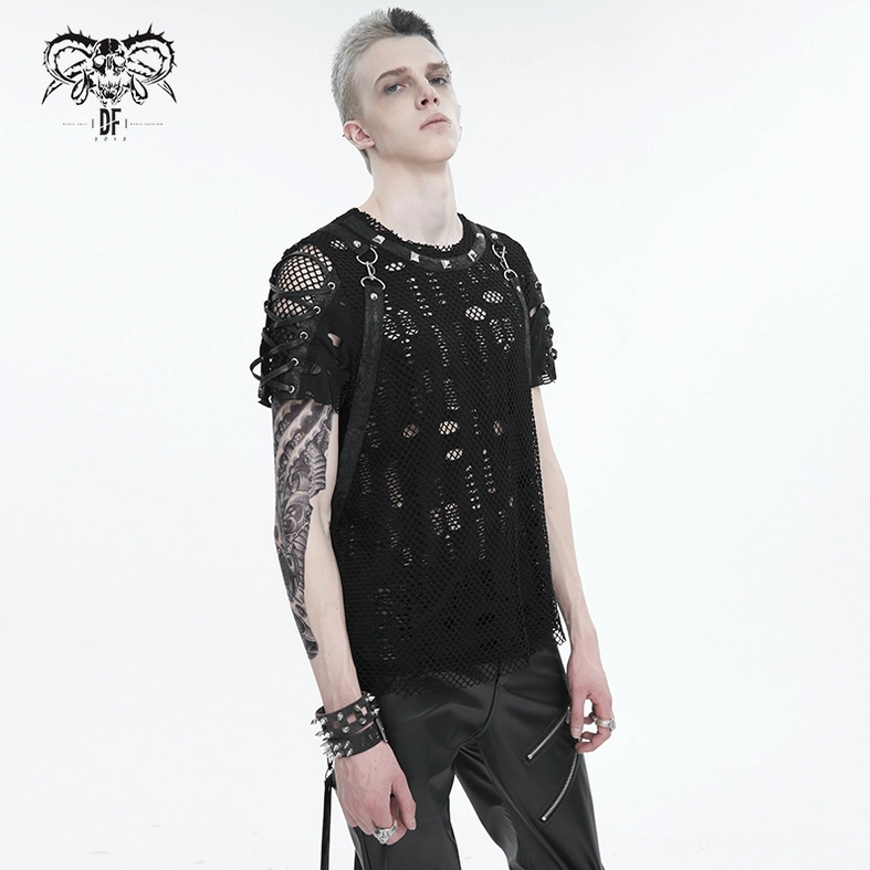 Gothic mesh t-shirt detail showing metal ring hardware on shoulder seams and pyramid stud placement with distressed mesh fabric texture