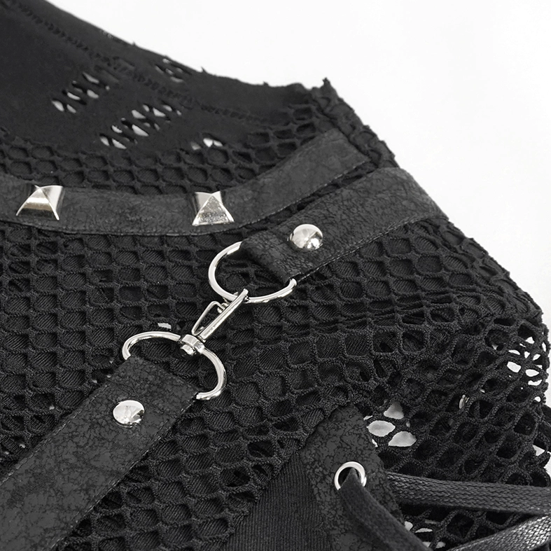 Detailed close-up of detachable shoulder strap showing pyramid studs, mesh fabric trim, metal D-rings, and snap fastener construction