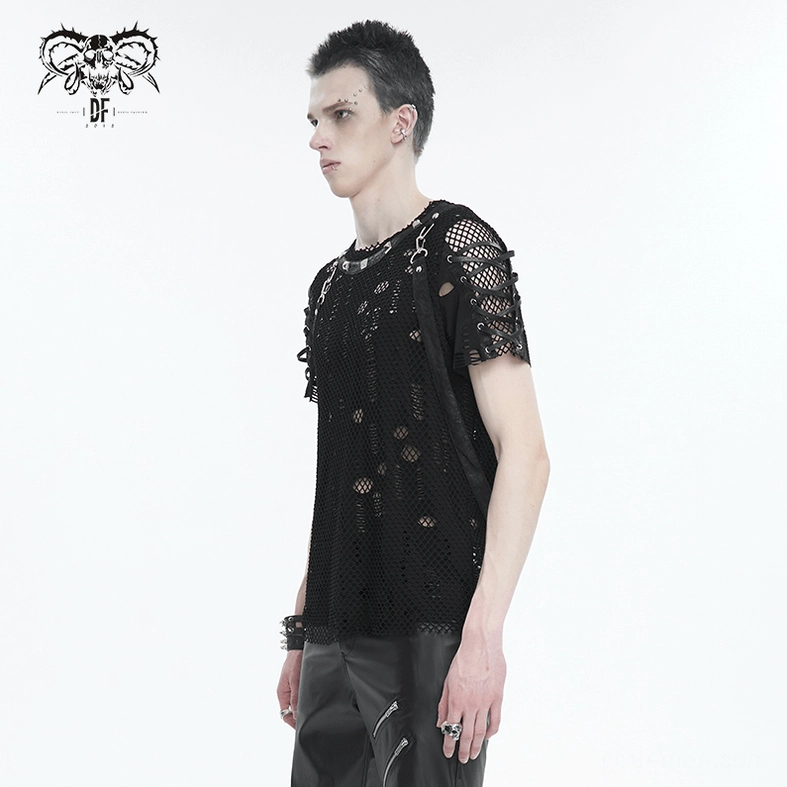 Black gothic mesh t-shirt side profile view on model showing slim-fitting silhouette, mesh transparency, and strap attachment points