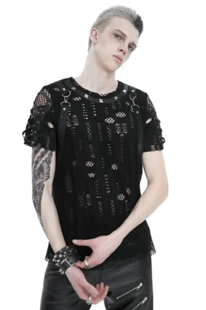 Gothic black mesh t-shirt with detachable studded cross-straps worn by male model, front three-quarter view showcasing pyramid studs and lace-up sleeve details