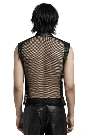 Black gothic mesh back panel detail on zippered leather vest rear view showing fishnet and leather shoulder accents