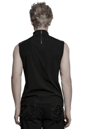 Gothic fishnet vest back view showing stand collar and back zipper closure on male model with blonde hair